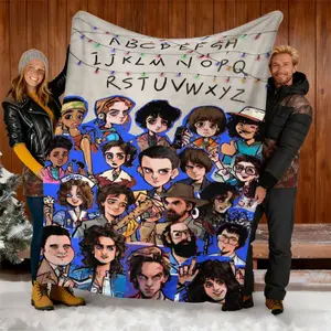 Cartoon Stranger Things Print Flannel Blanket, Multi-Purpose Soft Comfortable, Home Travel Office Use, All Ages