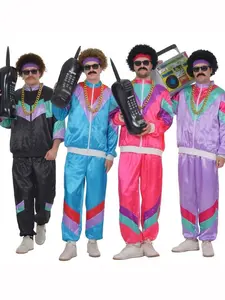 Men's 80s 90s Hip Hop Rapper Costume - Neon Pink Shiny Tracksuit with Inflatable Retro Cell Phone Prop & Gold Chain - Old School 1980s Party Outfit