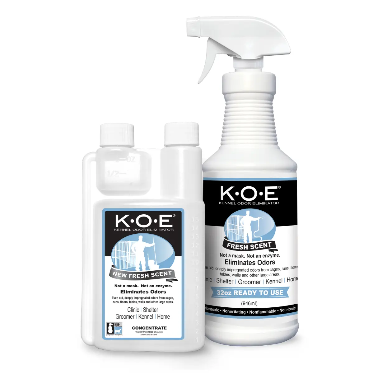 KOE Spray Kit - K.O.E Kennel Odor Eliminator Fresh Scent Ready to Use Spray and Concentrate by Odorcide for Home & Kennels with Safe, Non-Enzymatic Formula - 16 oz Concentrated Bottle and KOE 32 oz Spray Bottle (2 Piece)