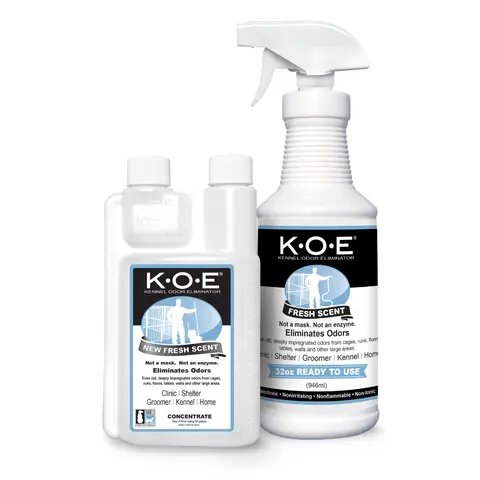KOE Spray Kit - K.O.E Kennel Odor Eliminator Fresh Scent Ready to Use Spray and Concentrate by Odorcide for Home & Kennels with Safe, Non-Enzymatic Formula - 16 oz Concentrated Bottle and KOE 32 oz Spray Bottle (2 Piece)