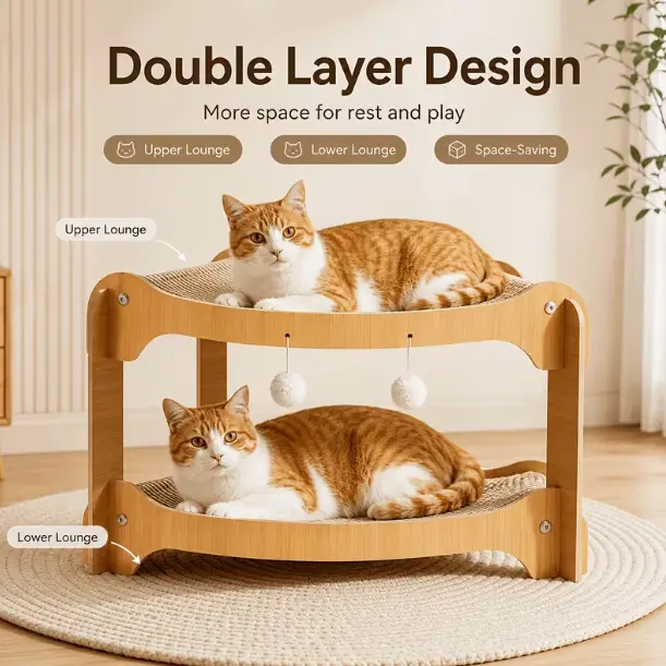 Hemp Cat Hammock - 2-in-1 Double-Layered (56x37cm) Camping Outdoor Multi-Functional Cat Furniture with Hanging Toys, Durable Low-Shedding Scratching Pads for Resting, Scratching, Sofa Protection