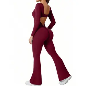 Women's solid color backless flared pants, suitable for yoga gym exercise, comfortable long sleeved jumpsuit, all season women's sportswear, yoga jumpsuitRAIMENTRY