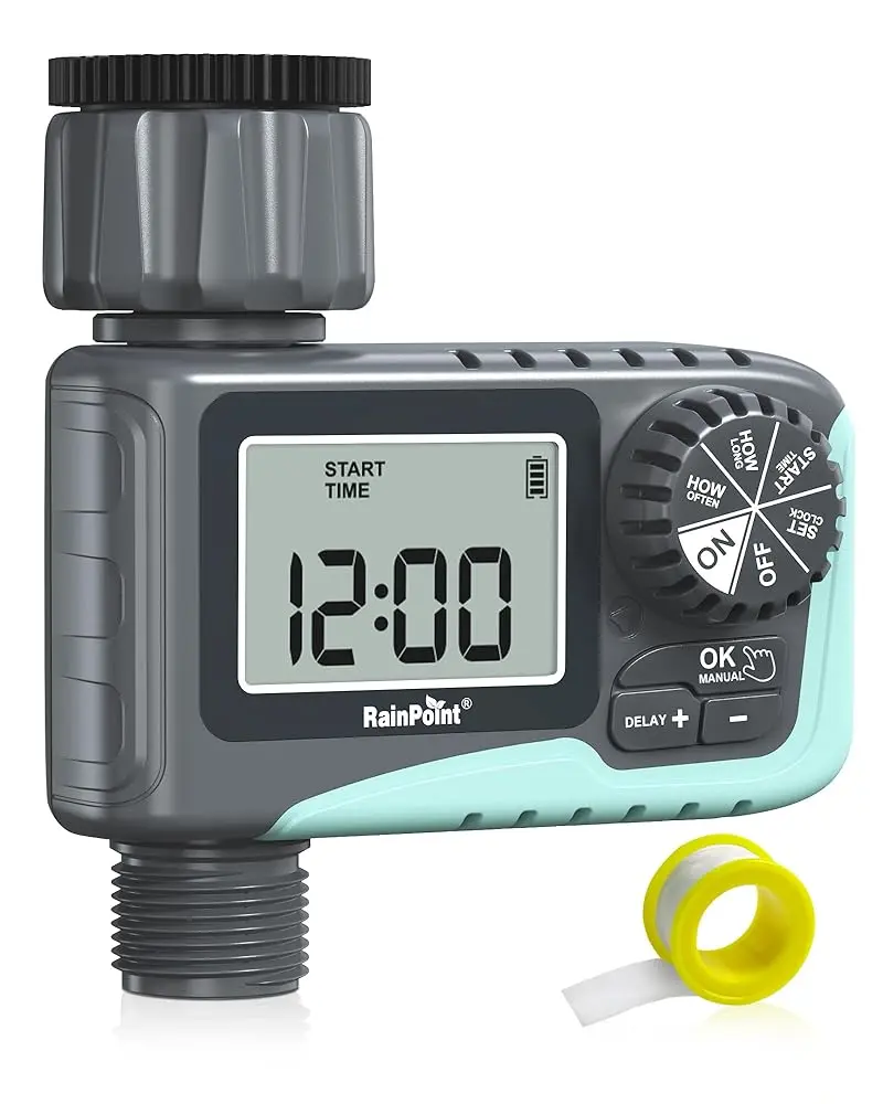 RainPoint Garden Water Timer for Outdoor Garden Hose Faucet, Programmable Watering Equipment with Rain Delay, Manual Mode, 1min-3h59min/1h-12h/1day-7days Settings, 1.6"d x 4"w x 4"h Home Improvement Tool