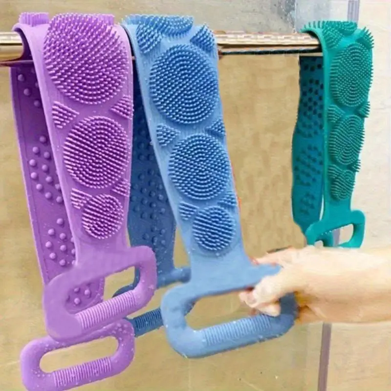 3pcs Green Purple Blue Mixed Set Body Sponge Silicone Brush Bath Towel Scrub Back Massage Shower Extension Light Beige Cleansing Brush Exfoliating Back Scrubber Body Care Tool