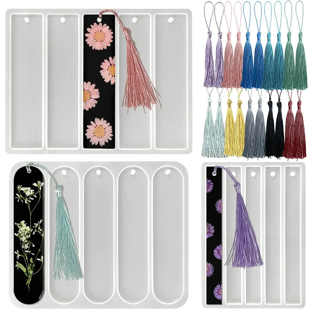 Set of 3 Shiny Bookmarks Silicone Mold, Bookmark Resin Mold with Tassels, Small Medium Rectangle Bookmark Mold