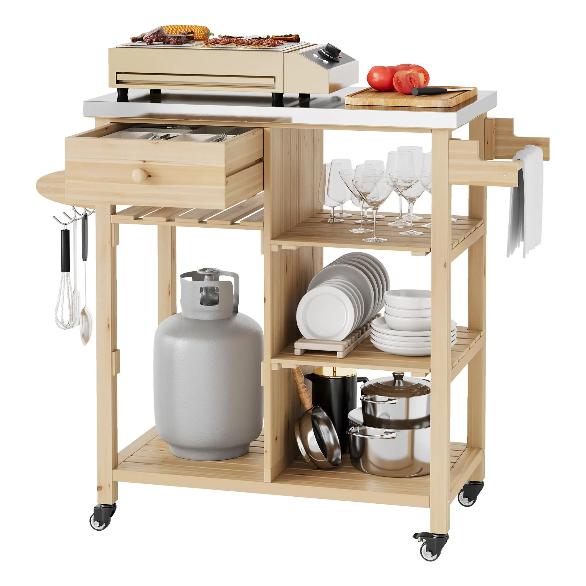 Garvee Outdoor Grill Cart with Solid Wood Frame, Stainless Steel Top, Drawer, and Open Shelves - Portable Rolling Kitchen Island for Patio, Garden, and Backyard BBQ Prep