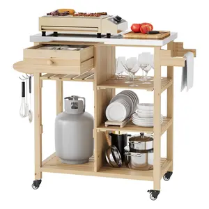 Garvee Outdoor Grill Cart with Solid Wood Frame, Stainless Steel Top, Drawer, and Open Shelves - Portable Rolling Kitchen Island for Patio, Garden, and Backyard BBQ Prep