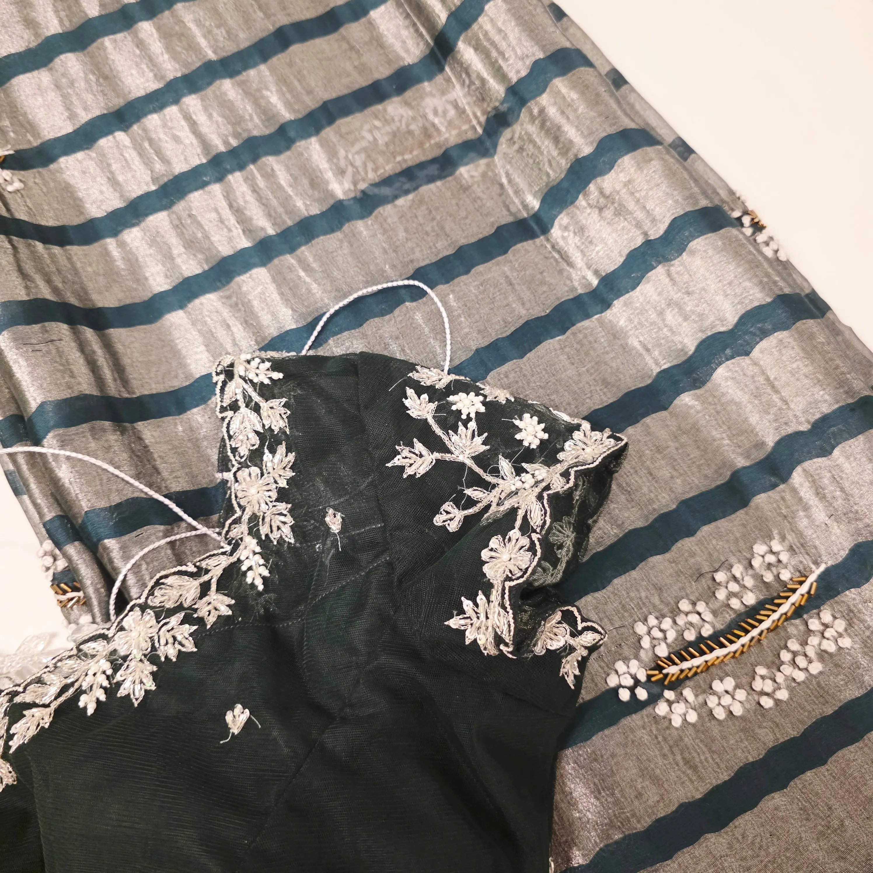 Reyavogue Women's Bottle Green Viscious Organza Stripes Saree with Net Maggamwork blouse