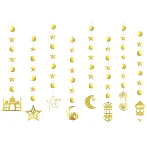 Eid Paper String Pendant 8pcs/set Golden Moon Star Hanging Garland for Banner
