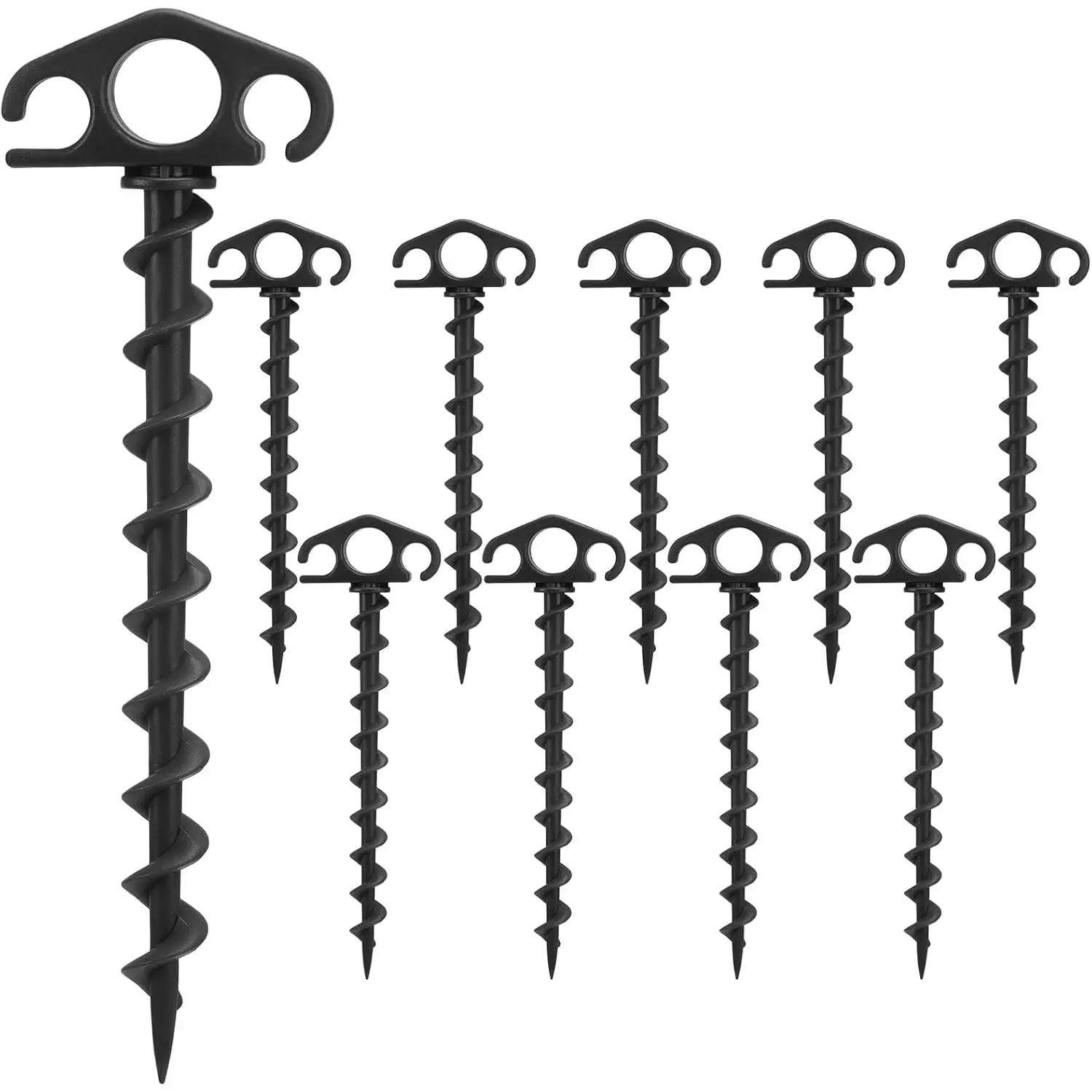 Tent Stakes Ground Anchors Screw in, 10 Pack Sand Stakes for Beach 9.4 Inch Heavy Duty Spiral Tent Pegs for Camping, Party, Hiking, Outdoor Decoration (10, Black)