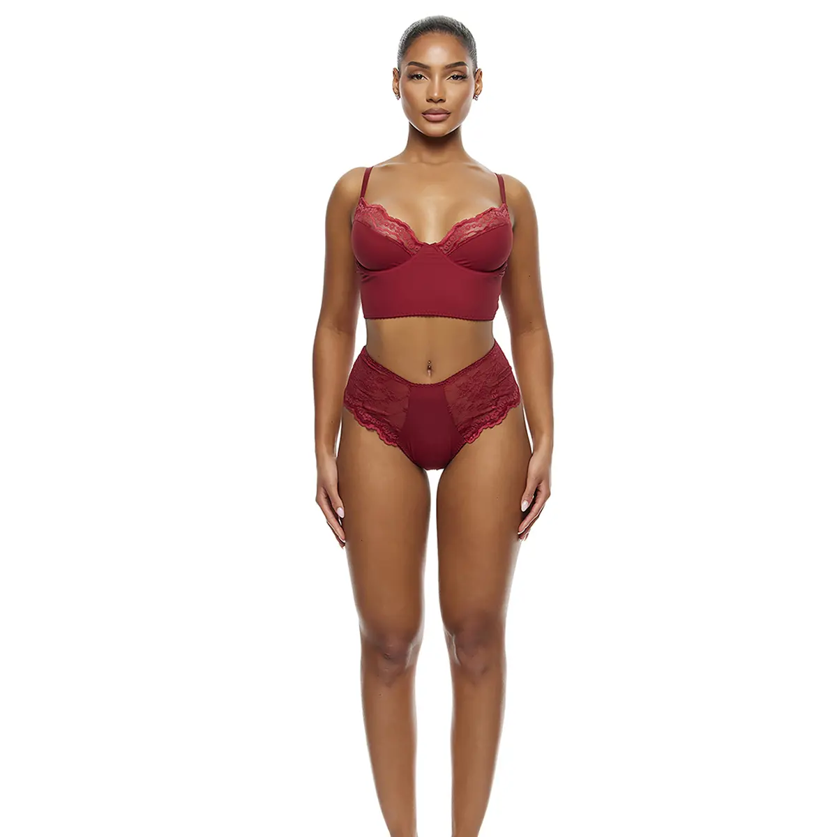 Forplay Self Care Ribbed Lace Longline Bra Lingerie Set - Wine