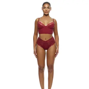 Forplay Self Care Ribbed Lace Longline Bra Lingerie Set - Wine