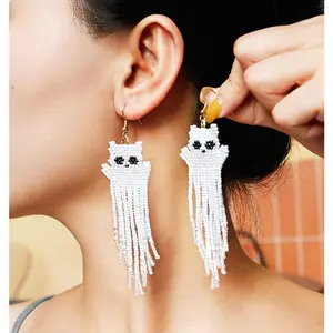 Ghost Earrings Handmade Beaded Design Cute Mini Ear Studs Tassel Bead Earrings Glass Material Halloween Accessories