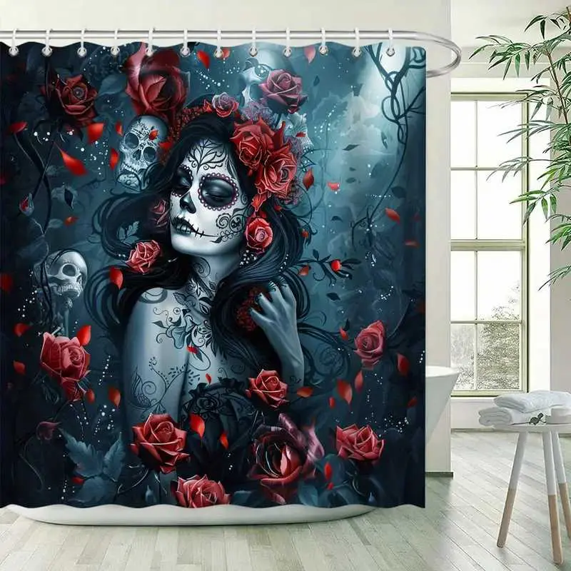 The ghost witch Spooky shower curtain in the sea of roses is perfect for bathroom decoration, Restroom partitions, beautifying spaces, polyester durable material, easy to clean, machine washable, multiple sizes to choose from, and shower curtain hooks