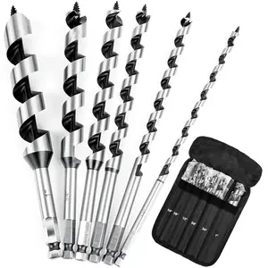 6Pcs 9-Inch Long Auger Drill Bit Set for Wood,1/4",3/8",1/2",5/8",3/4",1" Inch Hex Shank Ship Auger Drill Bit Set for Soft and Hard Wood, Plastic, Drywall and Composite Materials