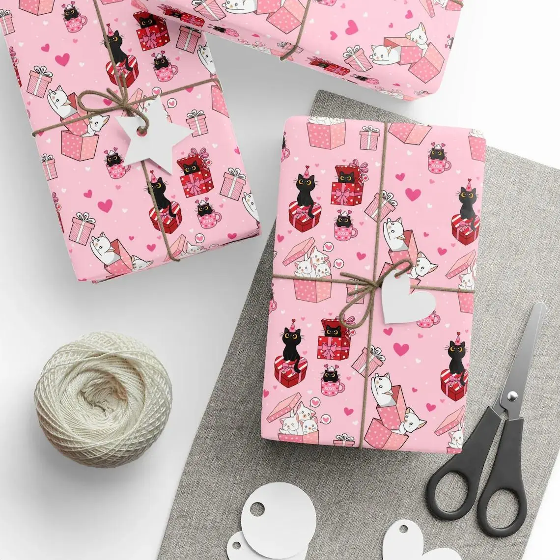 Cats Valentine Wrapping Paper, Pink Kitty Heart Present Decor, Kawaii Cat Lover Gift Wrap, Unique Love Day Paper