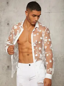 Men's Sheer Mesh Floral Shirt, Fitted Short Sleeve Casual Top, Versatile Fashion for All Occasions, Eye-Catching Stylish Design