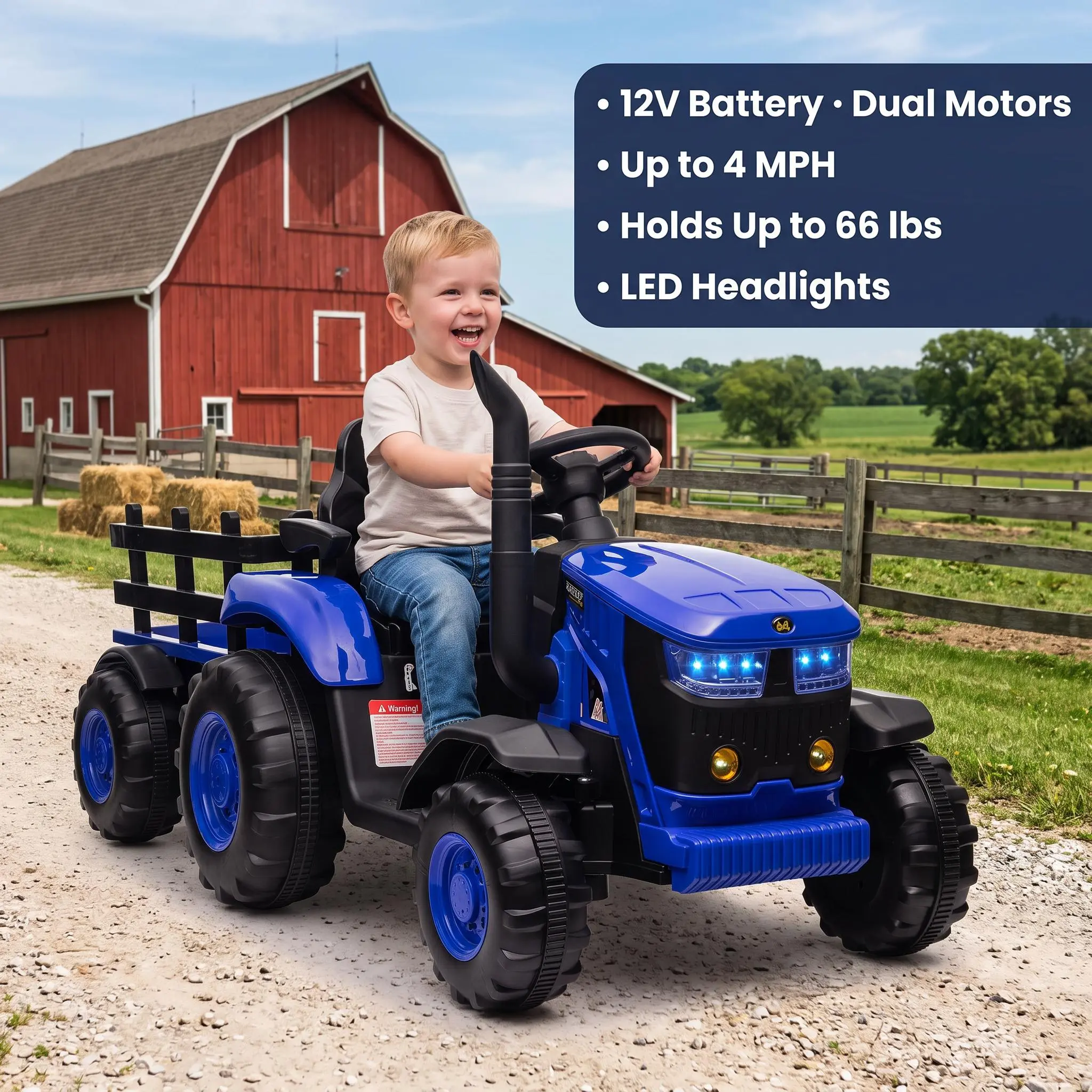 【Black Friday】GARVEE Durable 12V Battery-Powered Unisex Kids Ride-On Tractor Toy (3+ Years) - Steel-Reinforced PP Plastic, 3-Speed, 66 lbs Capacity, Trailer, LED Lights, Safety Belt, 35W Dual Motors, USB Music, Airhorn, Injecting Plastic Wheels