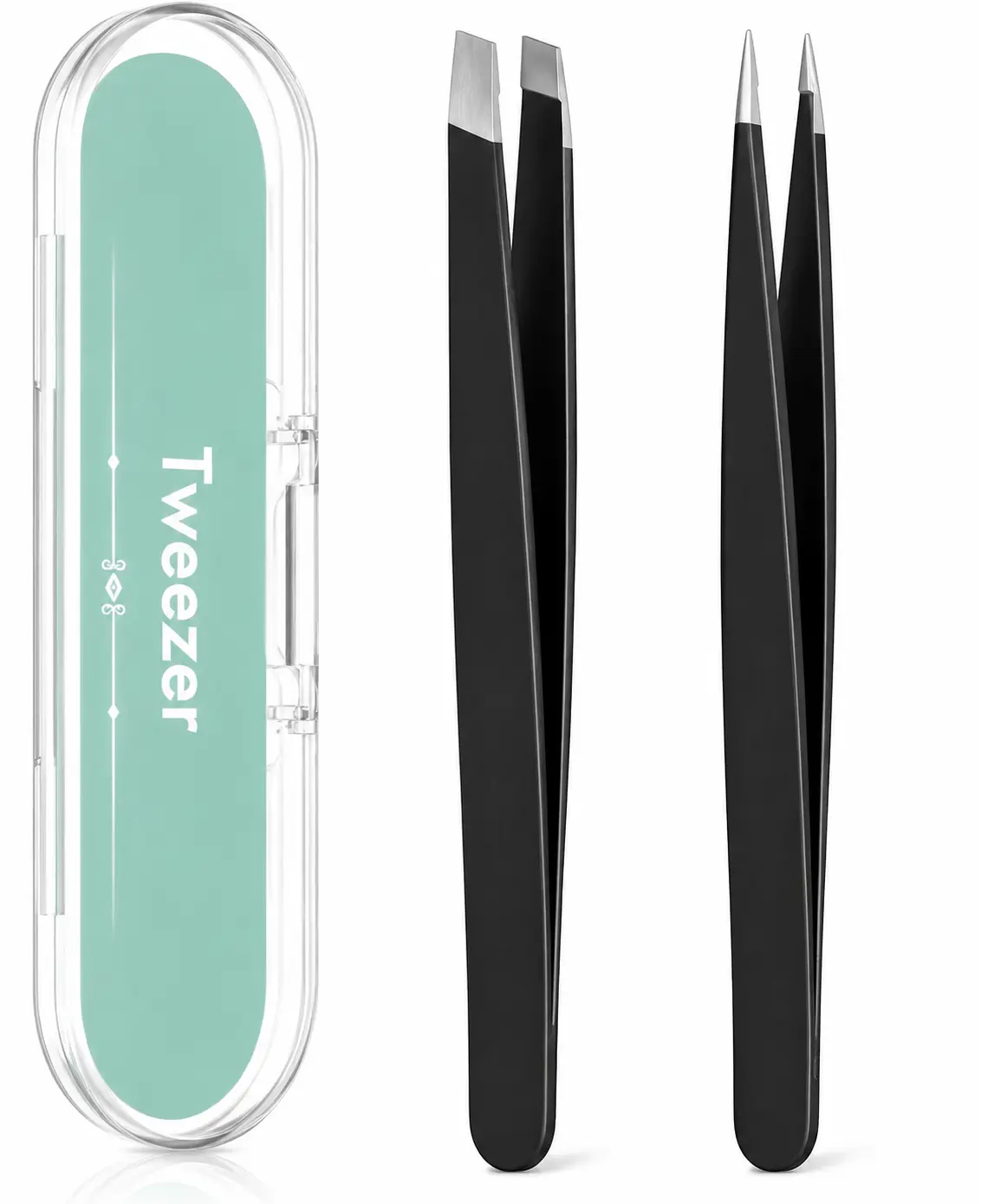 2-Pack Eyebrow Tweezers Set, Slant & Pointed Stainless Steel Tweezers for Facial Hair, Ingrown Hair & Splinter Removal, Black