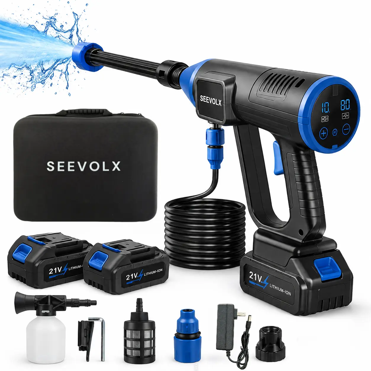 SEEVOLX 21V Cordless Pressure Washer, Portable Pressure Washer with 30-Level Touchscreen, 2 x 1500mAh Batteries, 6-in-1 Nozzle, 10M Hose, Foam Cannon, Handheld for Car Detailing, Patio Cleaning