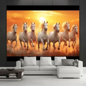 1pc 2D Flat 7 Lucky Running Horses Party Banner - Polyester Reusable Decor, Vibrant Sunset Background, Dynamic Horse Design, for Birthday, Home Wall Art