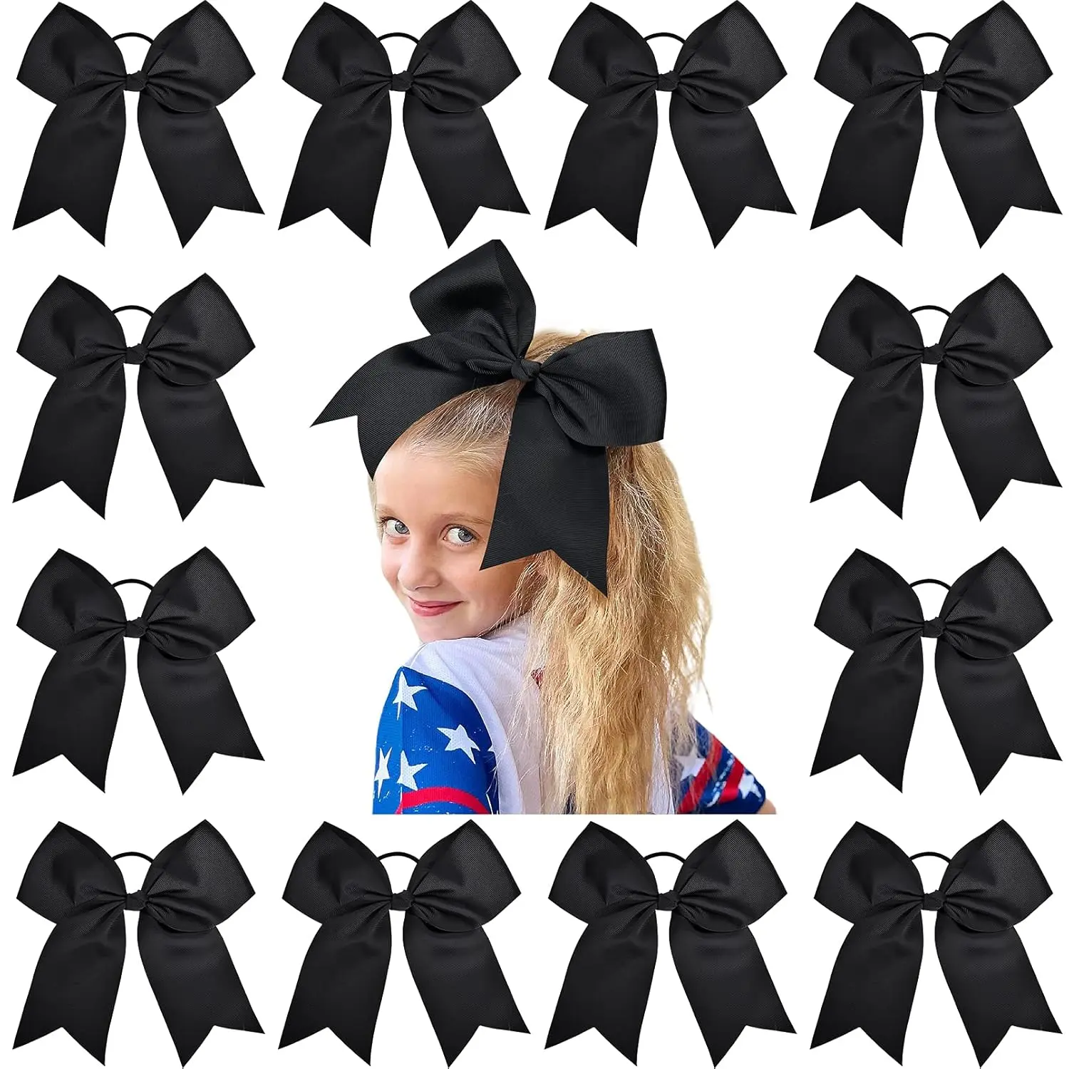 Summervibes JoyBowie 12-piece 8-inch Black Cheerleading Bow Hair Accessories for Girls Soft Grosgrain Ribbon Durable Elastic Band Perfect for Sports Activities Nylon Headband with Bows