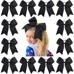 JoyBowie 12-piece 8-inch Black Cheerleading Bow Hair Accessories for Girls Soft Grosgrain Ribbon Durable Elastic Band Perfect for Sports Activities Nylon Headband with Bows