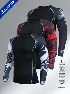 Men's Compression T-Shirt Set, Compression Tops, Breathable High Elasticity Round Neck, Fashion Print Patchwork Long Sleeve, Ideal for Hiking Running Cycling Outdoor Fitness