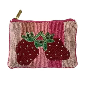 Handmade Coin Beaded Purse with Strawberry Design - Pink and Beige Color Scheme
