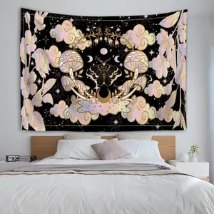 Dreamy Pastel Mushroom Moth Tapestry, Vintage Moon & Stars Wall Hanging to Create a Soft Cozy Aesthetic Room Vibe