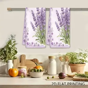 2PC  Elegant Lavender Bouquet Purple Floral Border Swedish Dishcloth, Botanical Reusable Absorbent Cellulose Sponge Wipe, Kitchen Cleaning Cloth