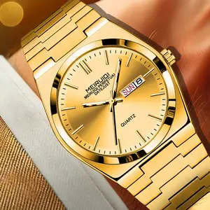Men's Gold-Tone Stainless Steel Quartz Watch with Date & Day Display, Luxury Waterproof Wristwatch