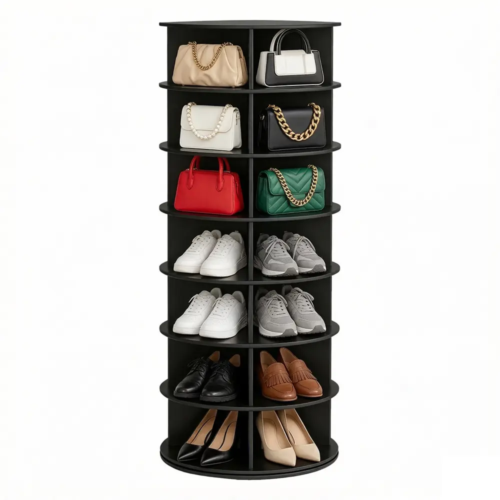 7 Tier Rotating Shoe Rack Tower 360° Revolving Round Carousel, Vertical Spinning Shoe Storage Organizer for Closet Bedroom Entryway, Holds 28 Pairs, PVC Lazy Susan Shoe & Handbag Display