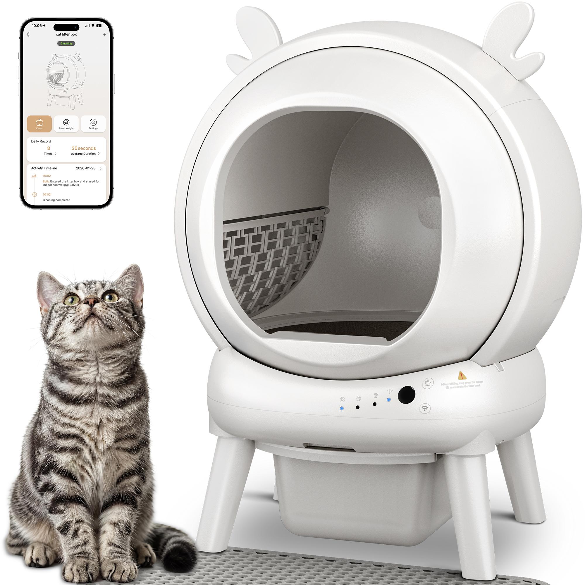 Furrykiddy Automatic Self Cleaning Litter Box, Cat Litter Box with APP Control, 65L Globe & Dual Safety Sensors, Robot Litter Box, 2 Roll Garbage Bags and Litter Mat, <35DB, for Multiple Cats