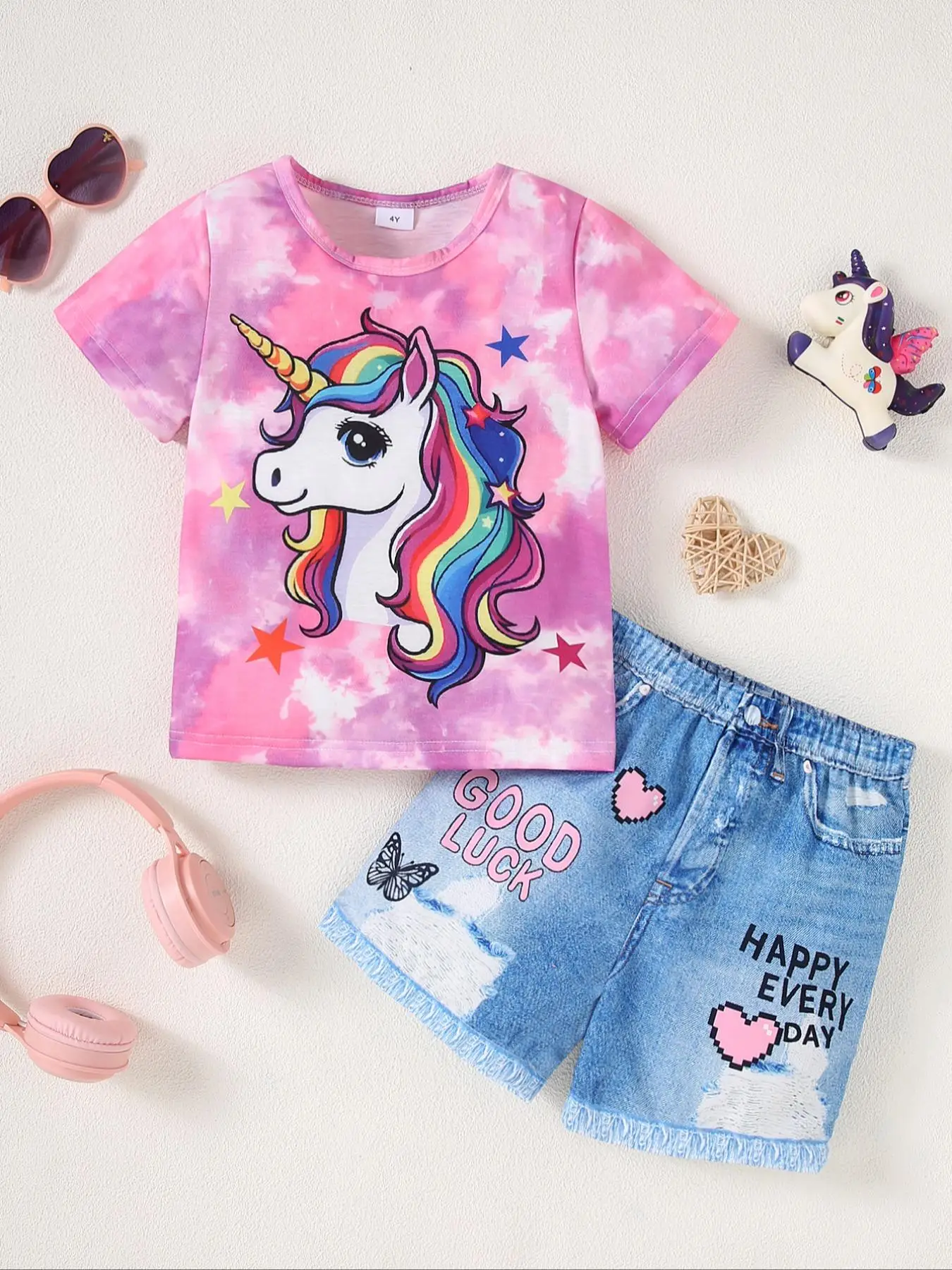 Two-piece Set Girl's Unicorn Print Tee & Shorts Set, Cute Casual Round Neck Short Sleeve T-shirt & Shorts, Summer Clothes for Kids, Outfit, Gift Sets