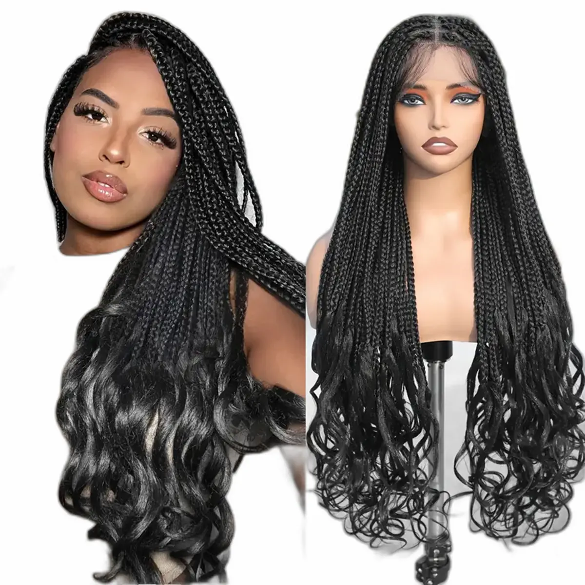 36" Full Lace Knotless Box Braid Wig with Curly Ends - Natural Black Synthetic Handmade Braided Wig for Women, Double Lace Design for a Fuller Look, Everyday Fashion Wig | Curly Ends Wig | Synthetic Hair Wig, Wig Accessories