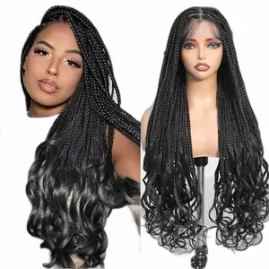 36" Full Lace Knotless Box Braid Wig with Curly Ends - Natural Black Synthetic Handmade Braided Wig for Women, Double Lace Design for a Fuller Look, Everyday Fashion Wig | Curly Ends Wig | Synthetic Hair Wig, Wig Accessories