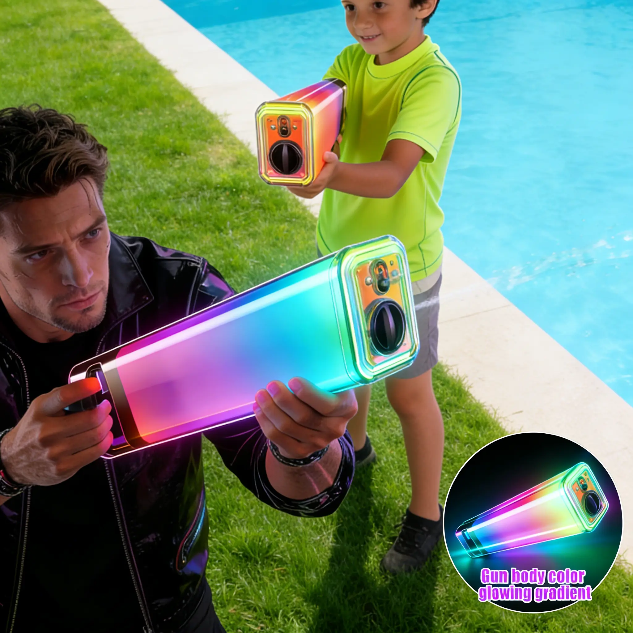 Large-Capacity Rechargeable Electric Water Blaster with Dynamic RGB Lights and Continuous Shooting, Blue Water Gun for Kids, Teens and Adults, Pool, Beach and Backyard Play, Colorful Water Action for Pool Parties and Outdoor Games