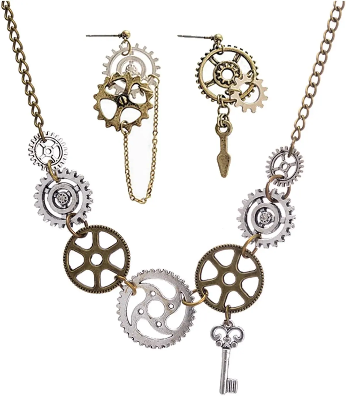 Dreuyet Gear Steampunk Earrings Necklace Jewelry Set Vintage Handmade Punk Clockwork Dangle Drop Earrings Clock Gear Antique Necklace for Women Men Halloween Accessories