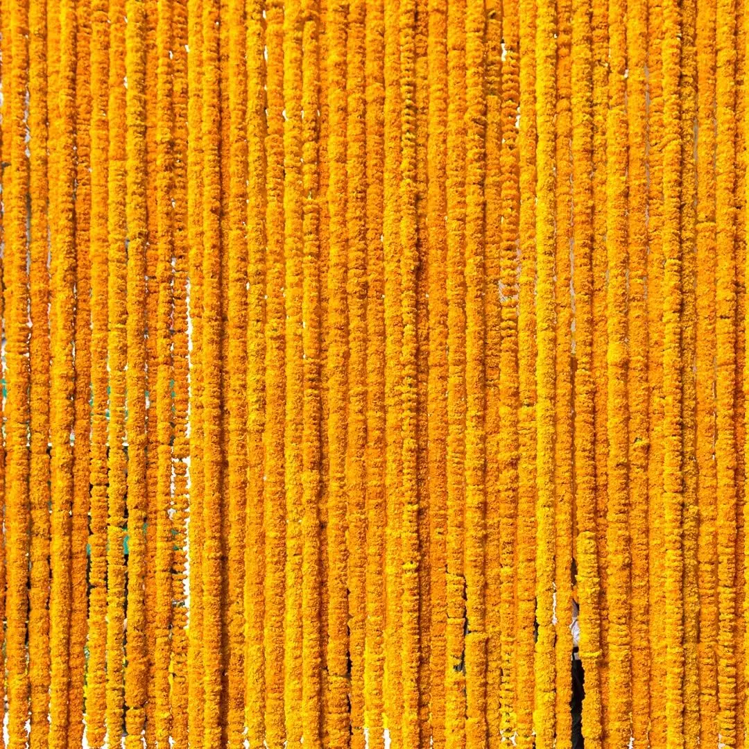 Artificial Marigold Flowers Garland, Set of 5 Fluffy Plastic Strands for Christmas Party Backdrop, Indian Festivals, Decoration, Halloween, Long Strands, Holiday, Wedding, Wall, Pack, Reusable, Strings