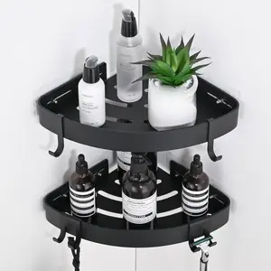 2 Adhesive Corner Shower Caddy with Hooks,Bathroom Shower Organizer, No Drilling Rust Proof Aluminum Shower Shelf for Inside Shower 2 Pack (Black)