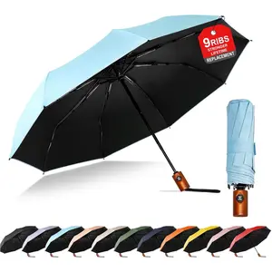 Windproof Automatic Travel Umbrella-Compact Folding Umbrella for Backpack, Purse or Car, 100% UV Protection UPF 50+, Wooden Handle, Small Travel Essentials for Men&Women