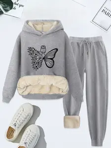 Women's Two-Piece Set, Butterfly & Floral Print Hoodie & Pants, Fleece-Lined Thick Casual, Fall Winter Wear