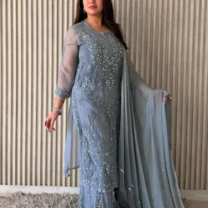 Organic Handmade Pure Georgette 3 Piece Suit with Embroidered Details and Matching Dupatta for Elegant Looks