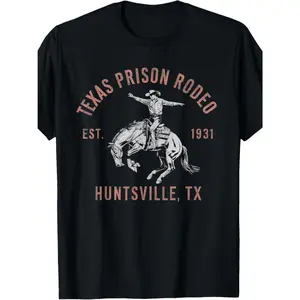 Man's Vintage Texas Prison Rodeo T-Shirt - 100% Cotton, 180g, "EST. 1931 HUNTSVILLE, TX "Graphic, Shorts Seeve, round Neck - Classic Black Tee for Outdoor Adventures