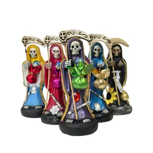 7" Ceramic Santa Muerte Statue - Yellow, Purple Spiritual Figures for Love, Money Protection - Home Supplies Religious Ornaments, Decorative Skeleton Figurines with Unique Attributes
