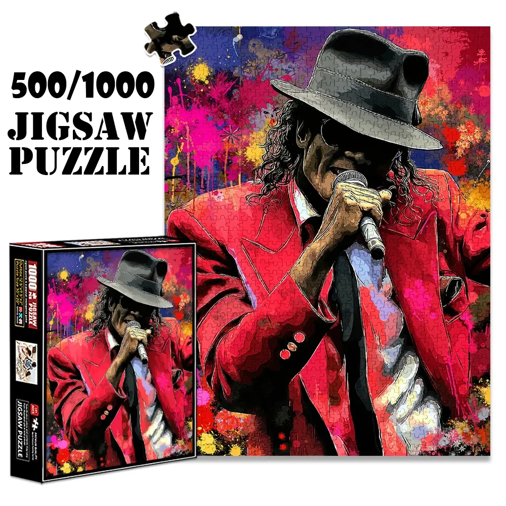 1pc 1000 piece adult puzzle 70x50cm Pop Star in Red Suit Singing with Microphone, Colorful Splashes Background 500 pieces of paper jigsaw puzzle, suitable for adults and families, large-scale DIY