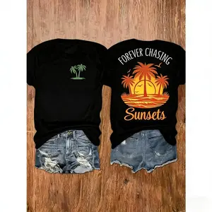 Womens Cotton Short Sleeve Graphic T Shirt Forever Chasing Sunsets Palm Tree Beach Sunset Print Summer Vacation Coastal Casual Tee For Travel Weekend