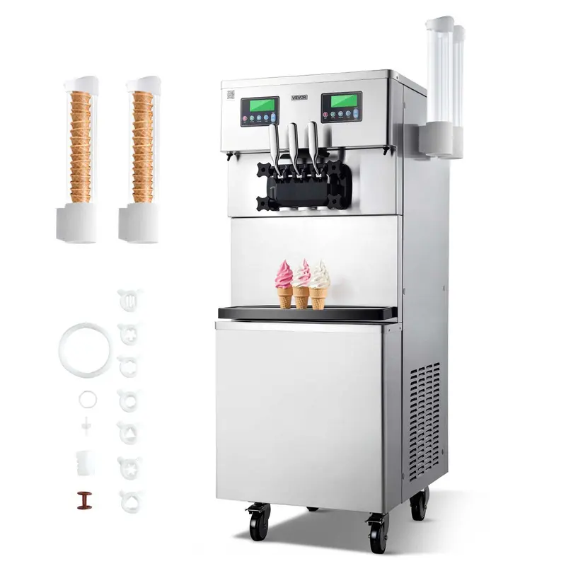 VEVOR Commercial Ice Cream Machine, 34-44L/H Yield, Dual-Compressor Freestanding Soft Serve Ice Cream Maker with 2*10L Hoppers 3 Flavors, Pre-Cooling Puffing Low-Mix Alert for Snack Dessert Shops