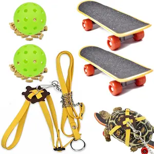 Turtles Playing and Training Toys Set, 1 Adjustable Tortoise Leash 2 Reptile Skateboards 2 Treat Ball, Turtle Fast Skate Accessory Funny Pet Mini Walking Skateboards for Parrot(Yellow Small)